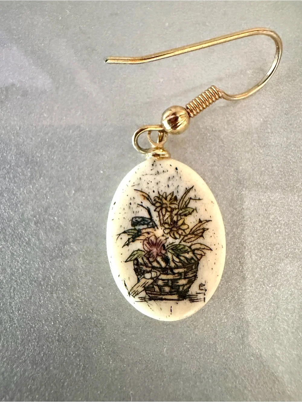 Vintage Genuine Bone Scrimshaw Etched Folk Art, Basket of Flowers” Earrings